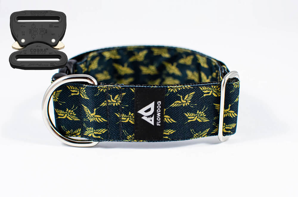 japanese crane black and gold dog collar with austrialpin buckle