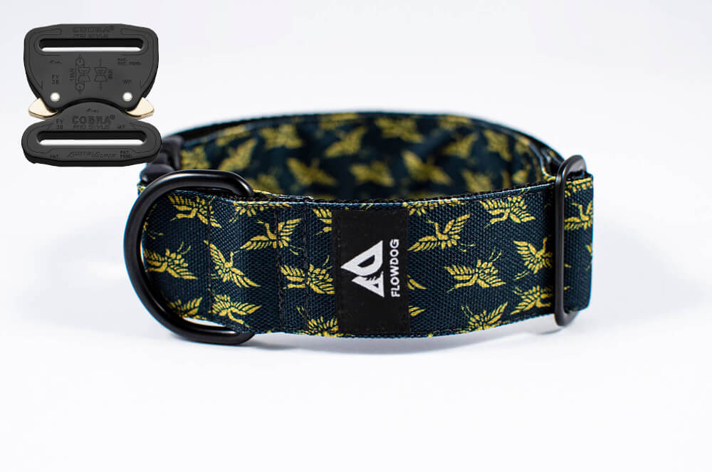 japanese crane black and gold dog collar with austrialpin buckle