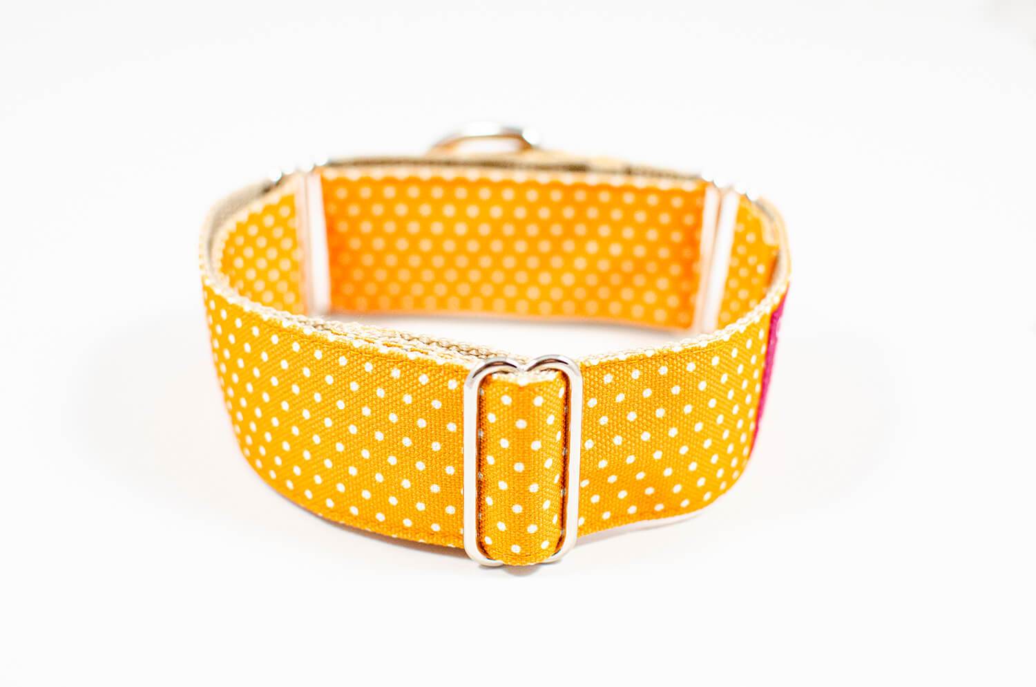 Sárga pöttyös mintás széles félfojtó kutya nyakörv - Sárga Pöttyös Flowdog nyakörv - Egyedi félfojtó nyakörvyellow dotted martingale dog collar